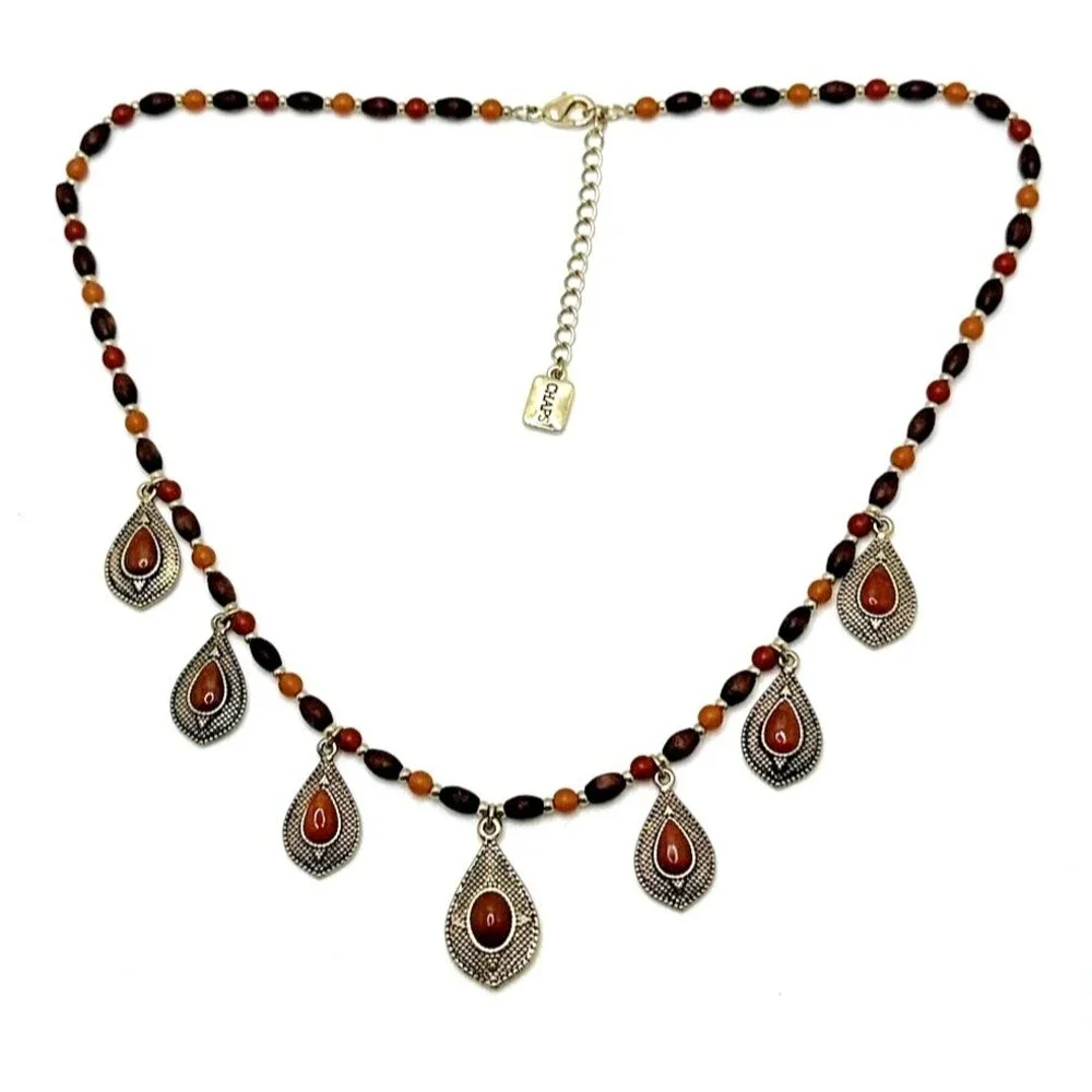 Chaps Necklace Wood Bead Earth Tone Red Dangle Statement Boho 18-20